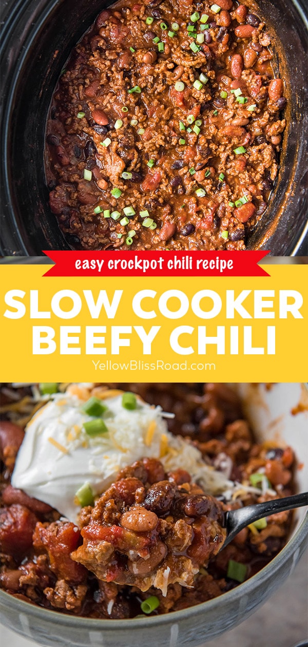 two images of beef chili pin with text