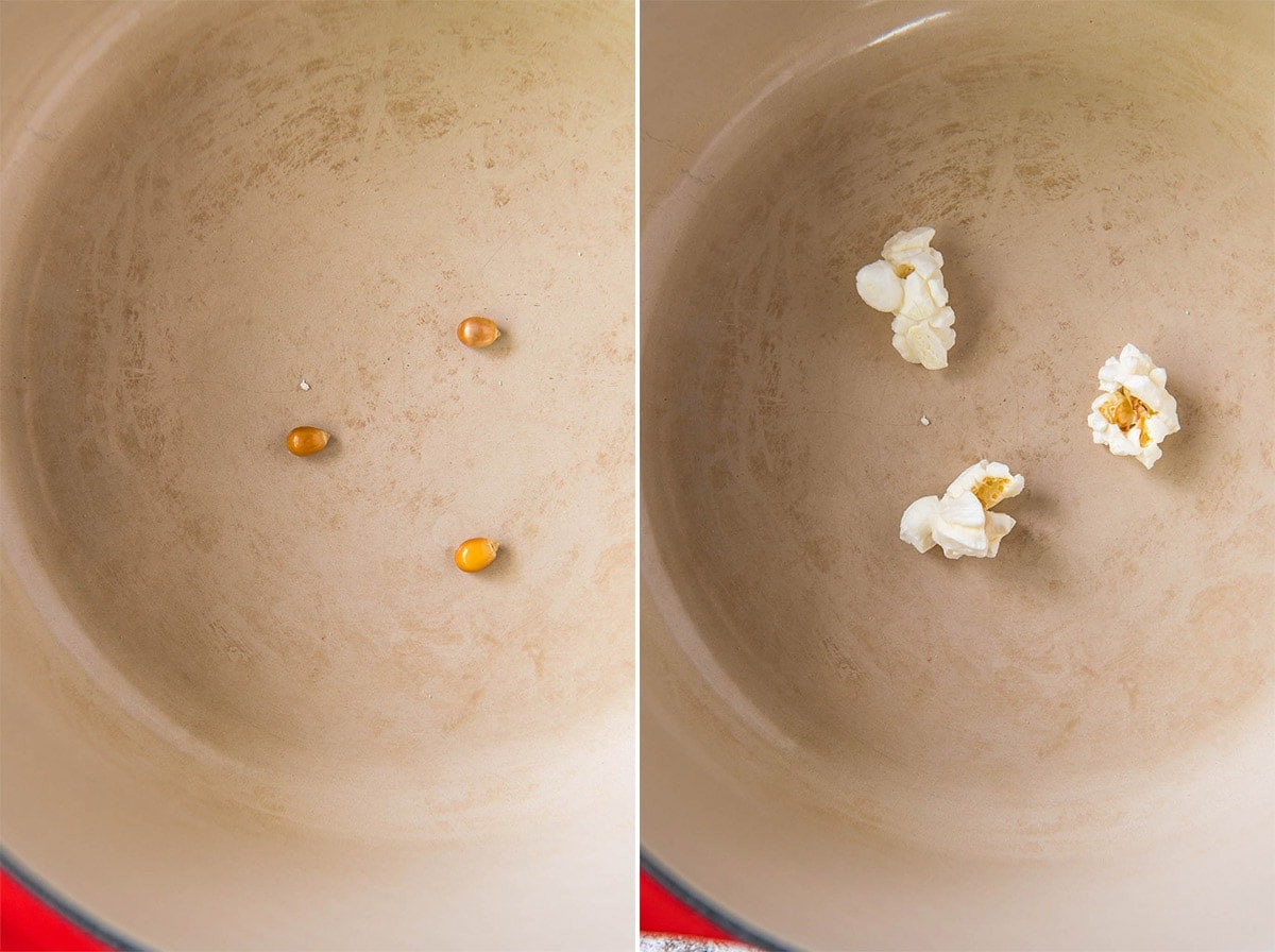 Small kernels of uncooked popcorn alongside popped popcorn.