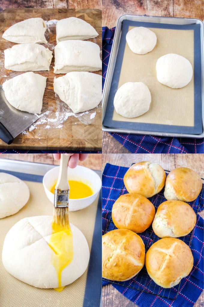 bread bowl dough on a floured board cut into 6 pieces. 3 pieces of dough on a baking sheet with a silicone mat, egg wash being burshed over doguh with an X cut in the top, bread for bread bowls after baking