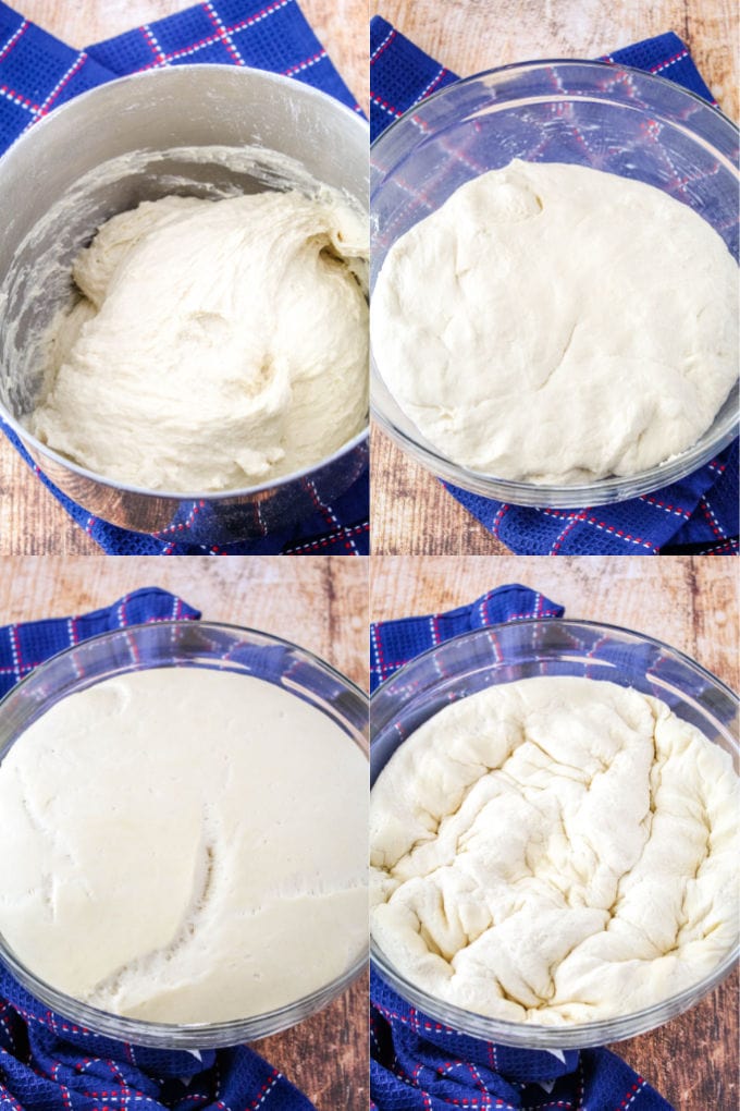 bread bowl dough after mixing in a stand mixer, dough in a greased bowl, dough after rising in a large bowl, dough after being punched down