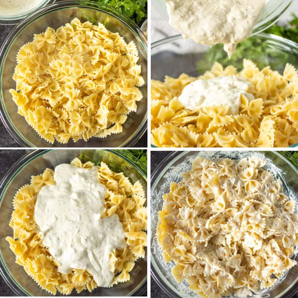 collage of bowtie pasta with cheese sauce