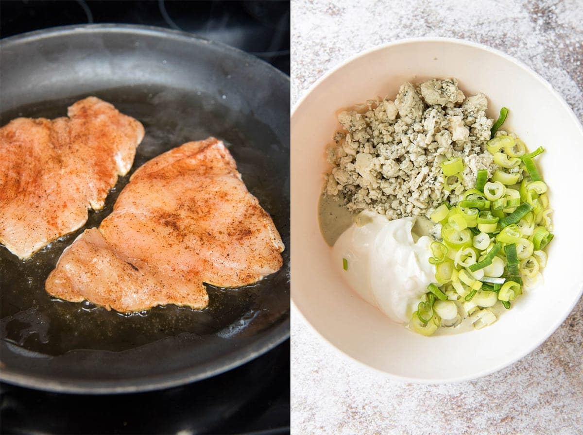 chicken breasts cocking in a black skillet, a white bowl with blue cheese, sour cream, ranch and green onions