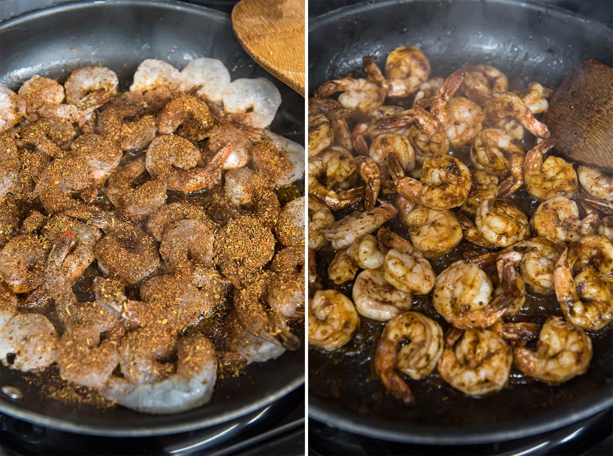 2 images of cooking shrimp