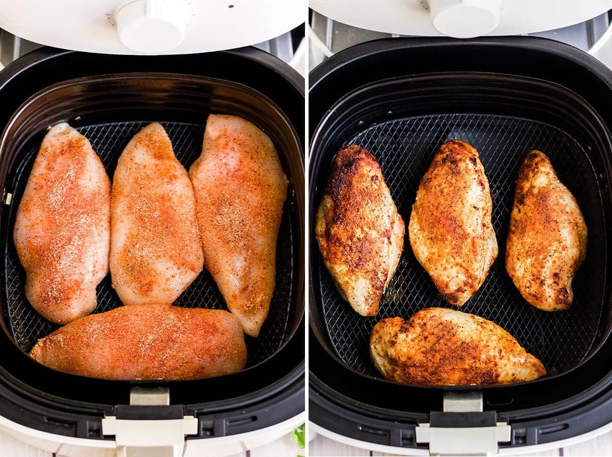 2 image collage of chicken in an air fryer