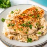 A plate of cooked chicken over rice.