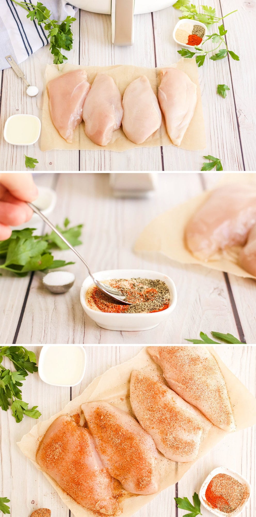 collage of three images showing raw chicken, a spice blend, and the chicken with the spices