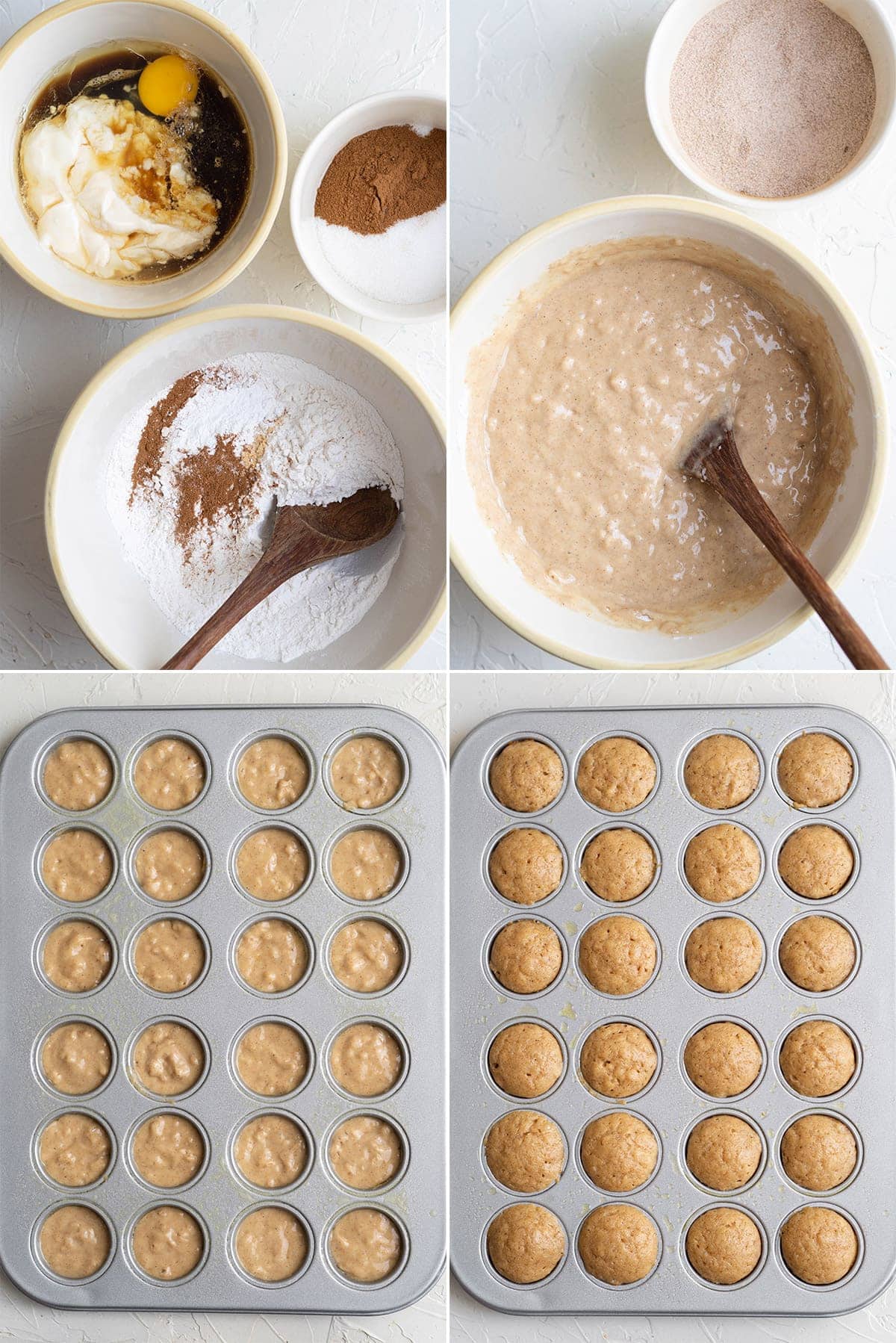 a collage of 4 images showing the steps for making apple cider donuts