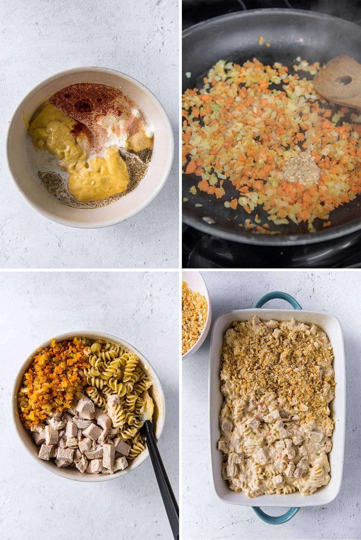 4 image collage showing how to make a chicken casserole