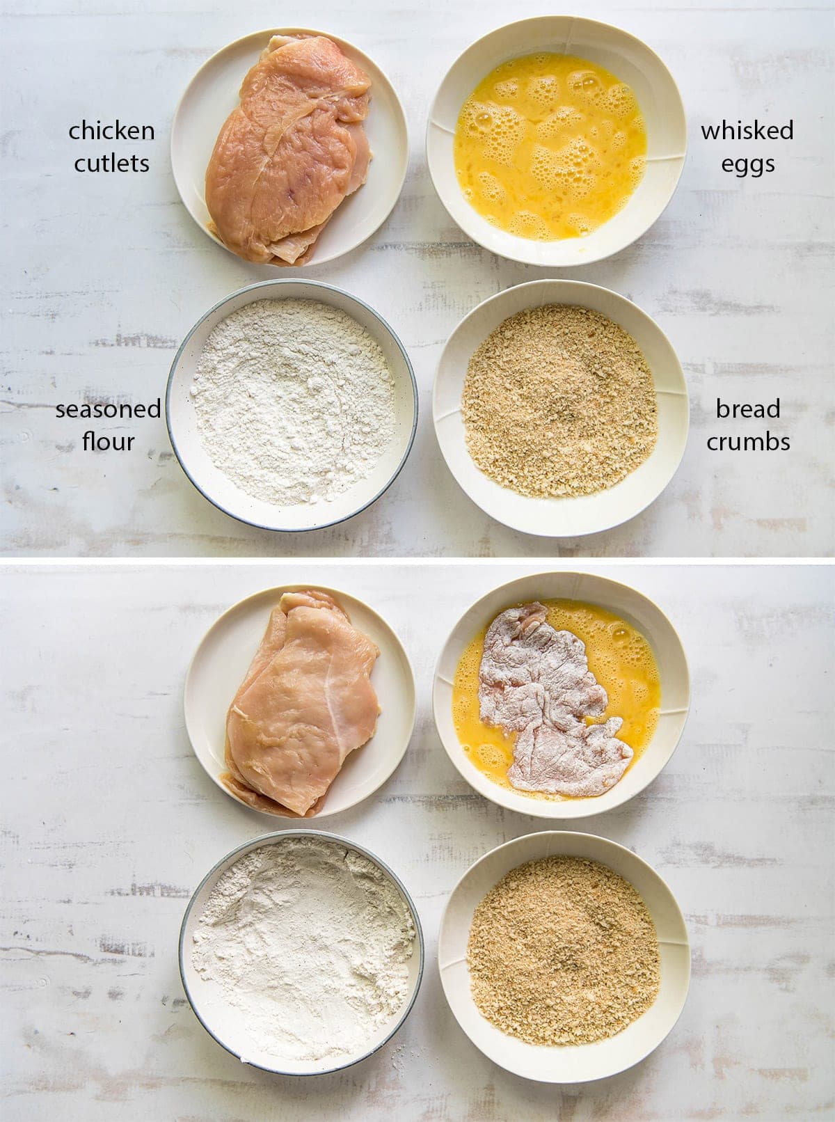 collage with 2 images showing dishes with egg, flour, breadcrumbs and chicken, set up like stations for making chicken schnitzel
