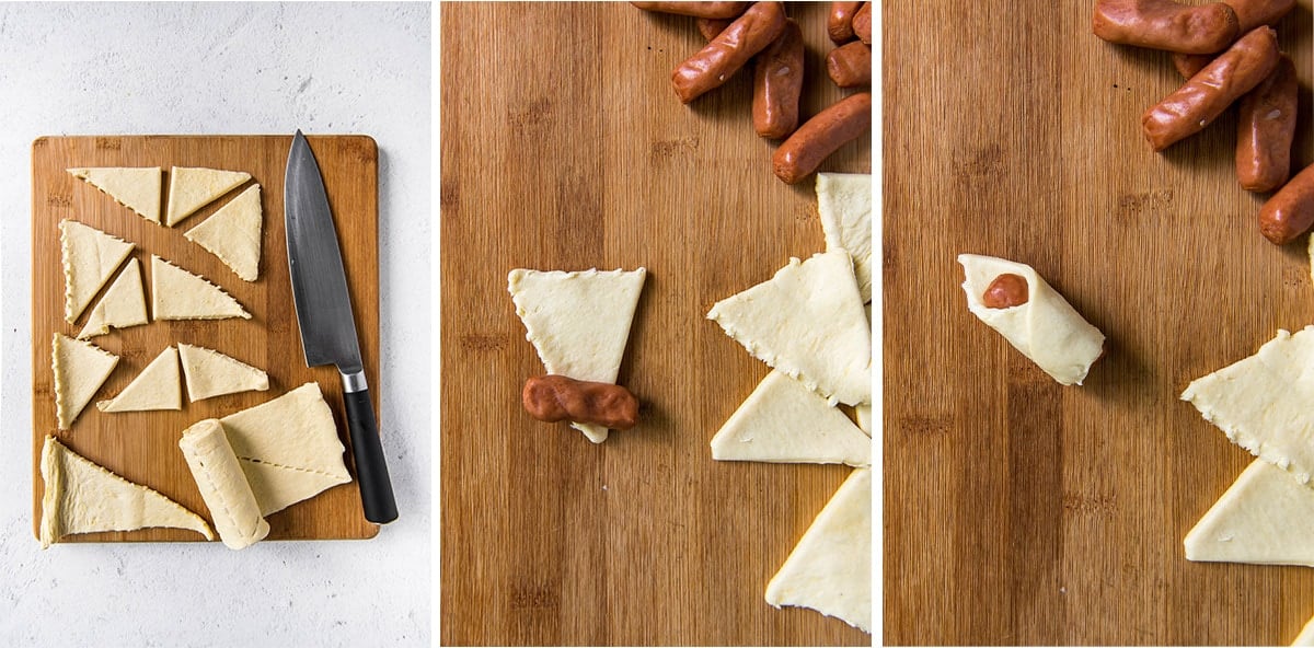 collage of 3 images showing how to make pigs in a blanket