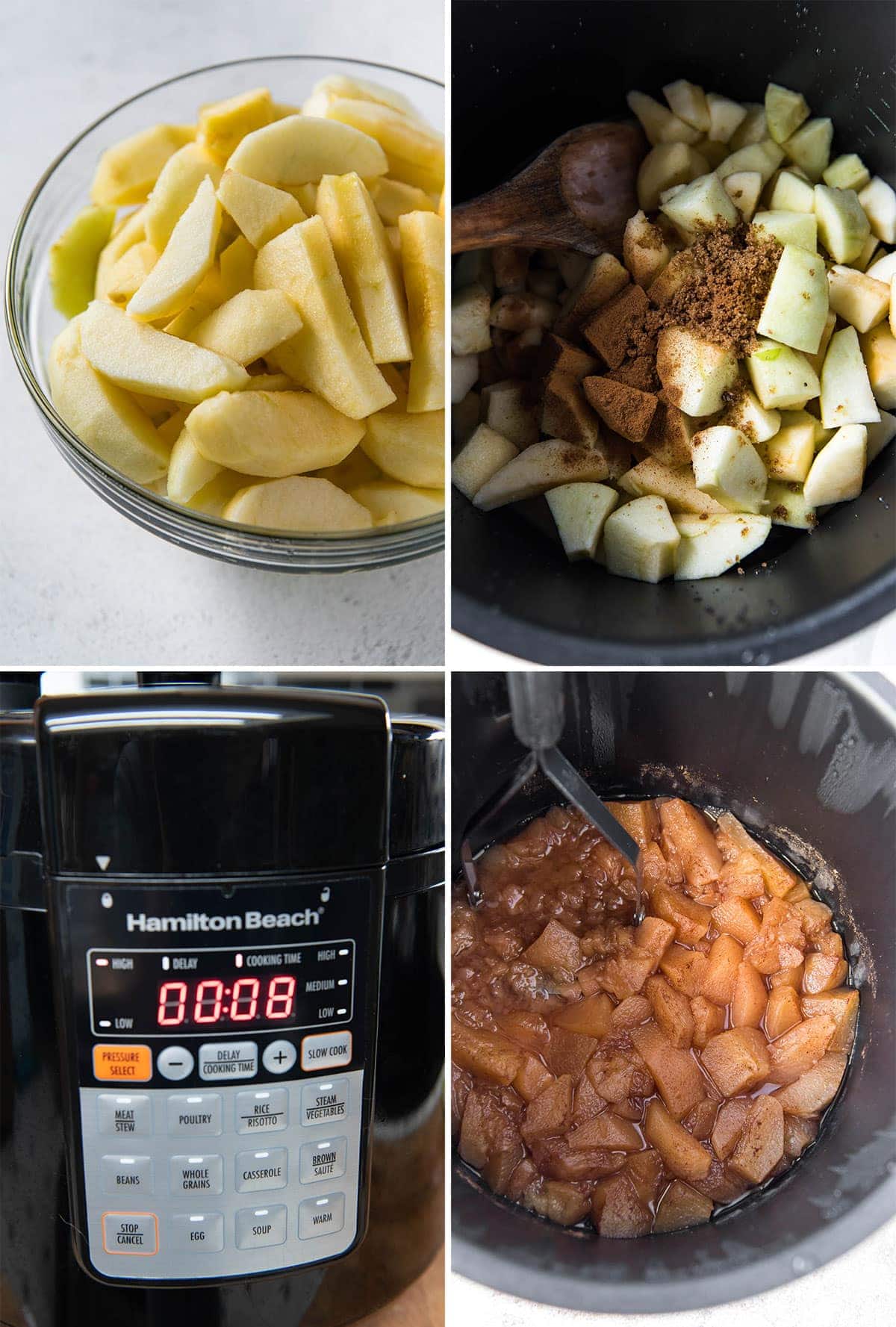 collage of 4 images showing the steps for making instant pot applesauce
