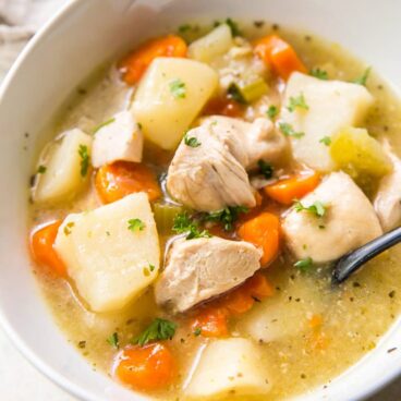 square image of a bowl of chicken stew