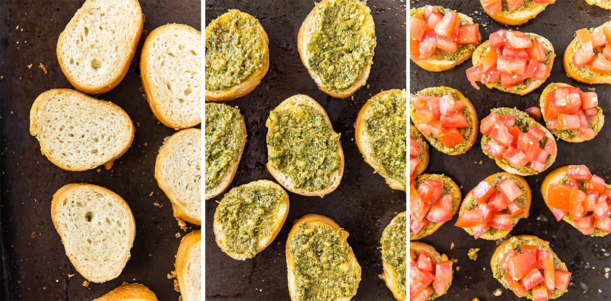 collage of three images showing bread, then bread with pesto, then bread with pesto and diced tomatoes