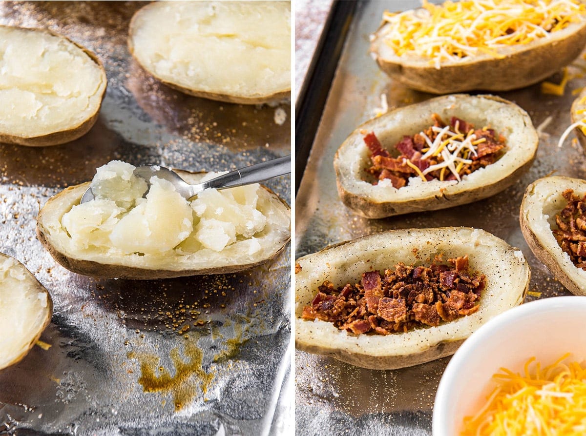 2 image collage showing scooped out potatoes and hollow potatoes with bacon and cheese