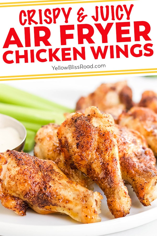 air fryer chicken wings pinnable image with text