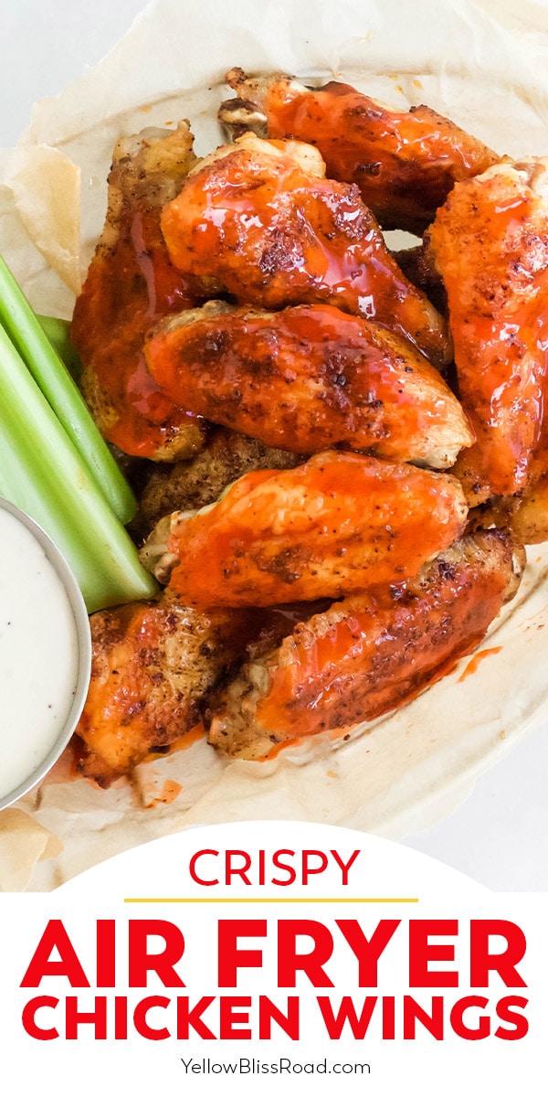 air fryer chicken wings pinnable image with text