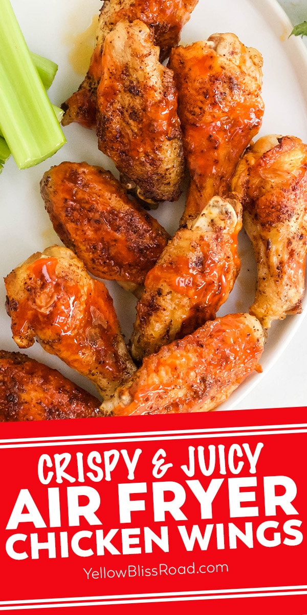 air fryer chicken wings pinnable image with text