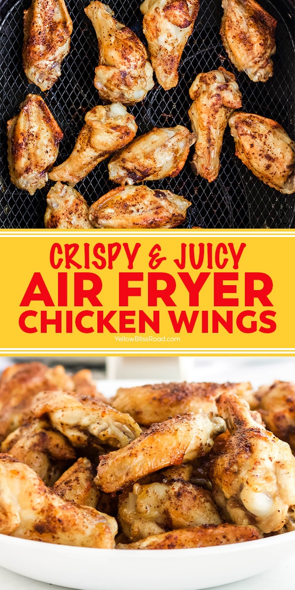 air fryer chicken wings pinnable image with text