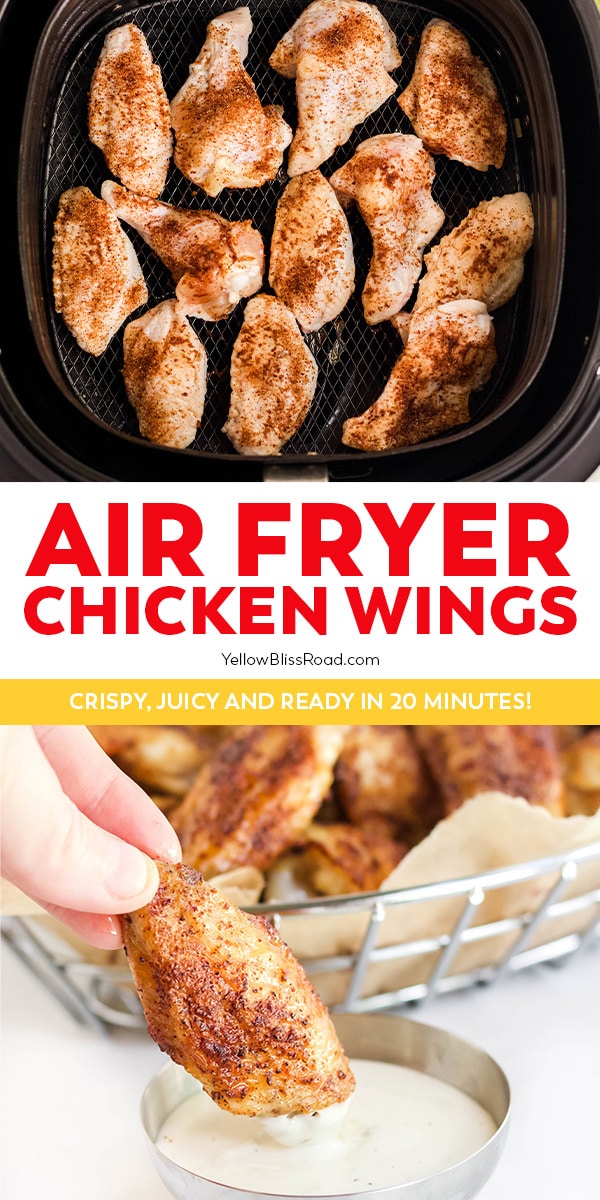 air fryer chicken wings pinnable image with text