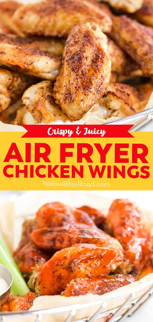 air fryer chicken wings pinnable image with text