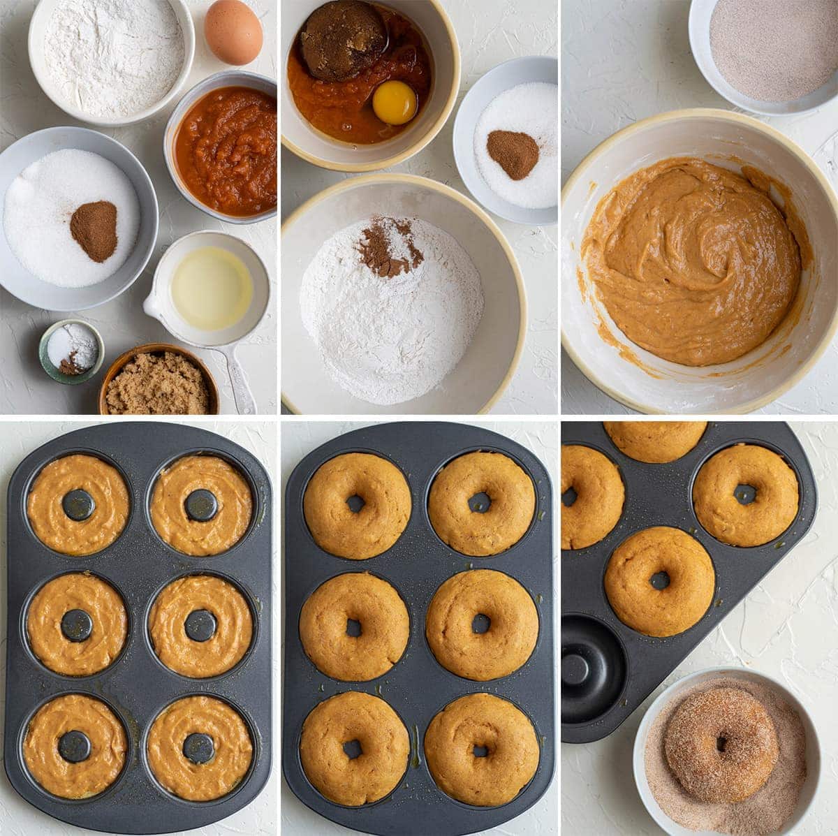 collage of images showing the process of making pumpkin donuts