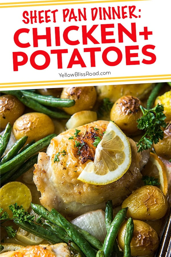 chicken and potatoes recipe pinnable image with text