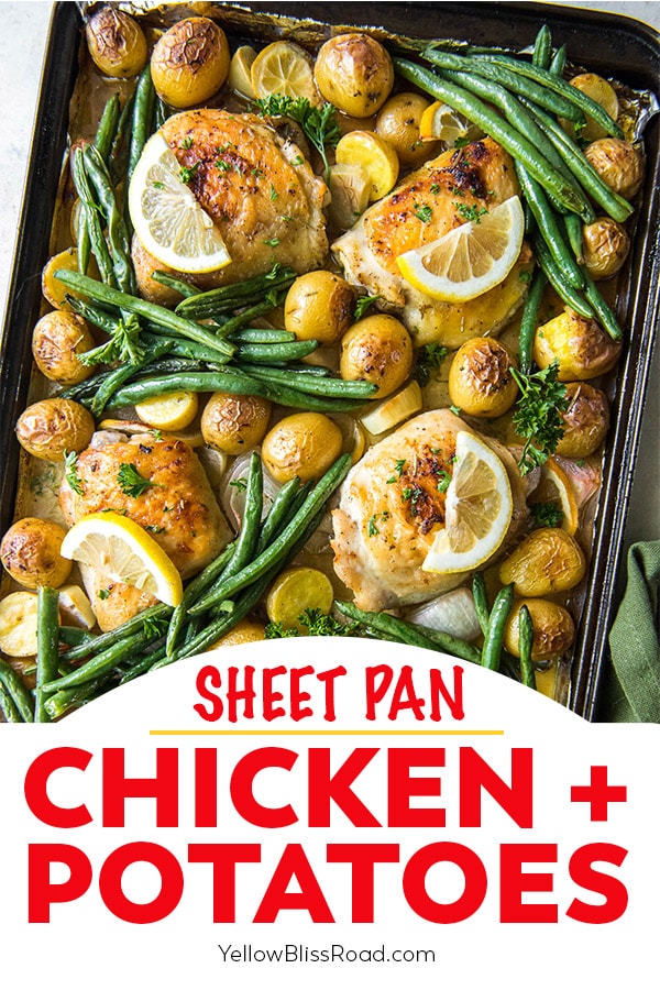 chicken and potatoes recipe pinnable image with text