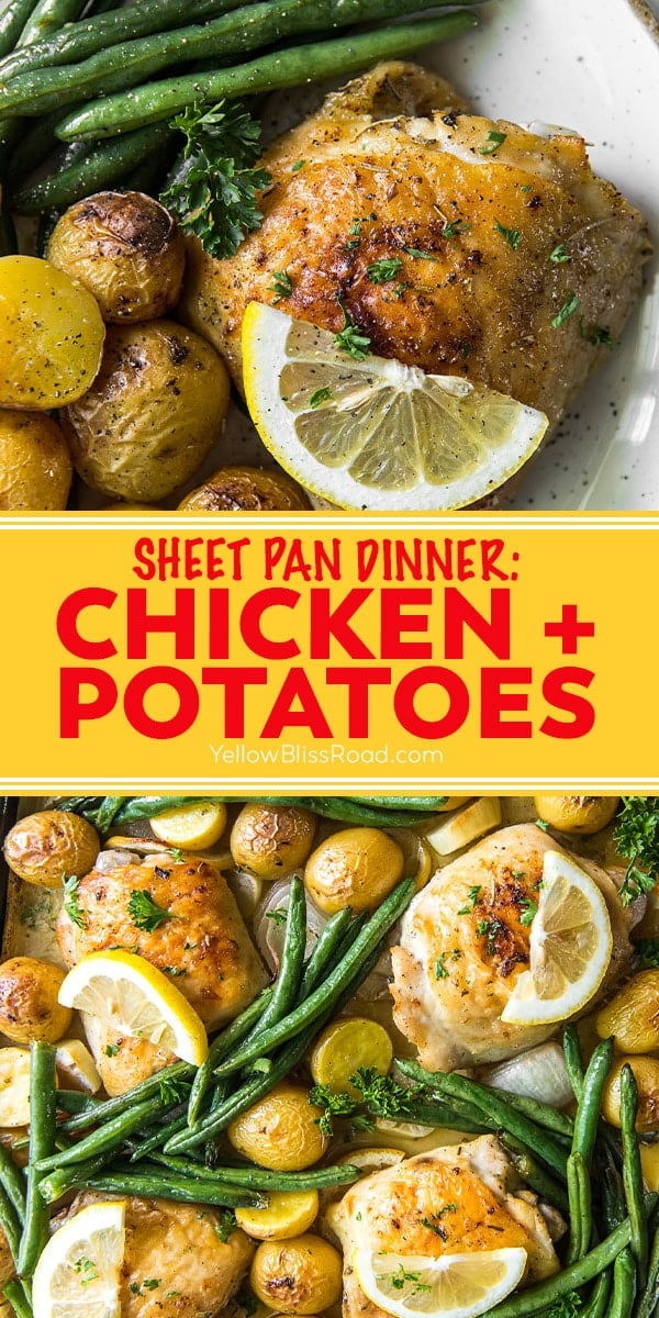 chicken and potatoes recipe pinnable image with text