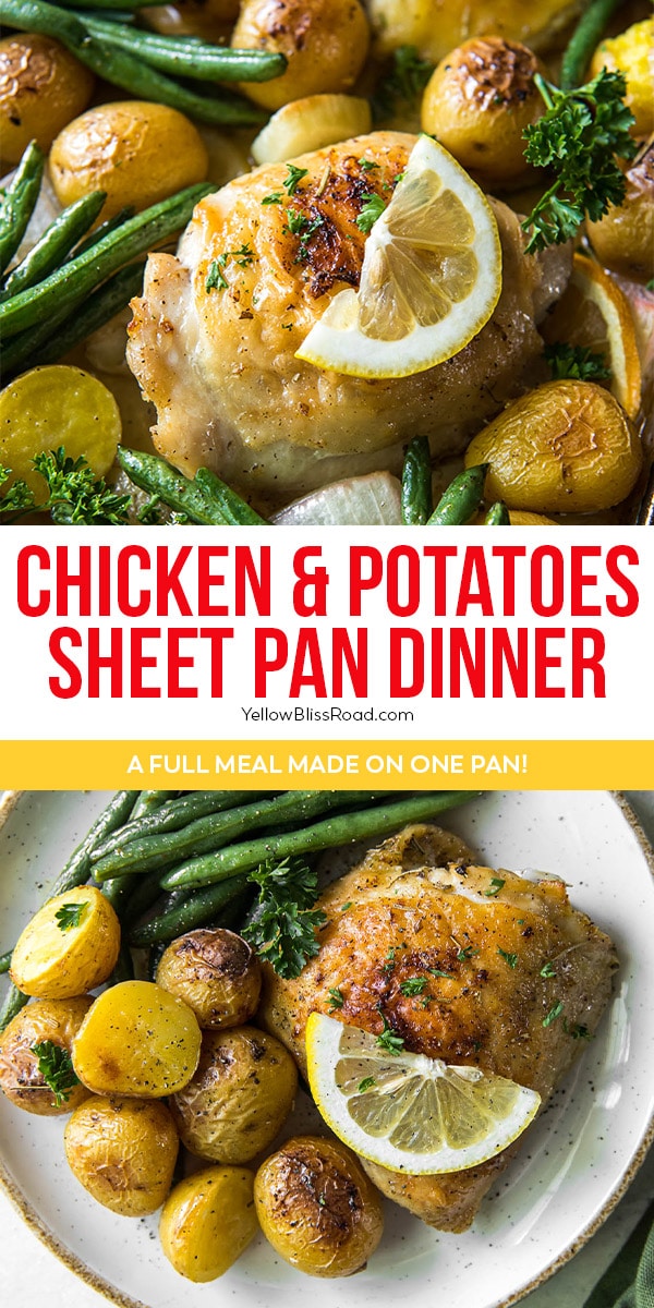 chicken and potatoes recipe pinnable image with text