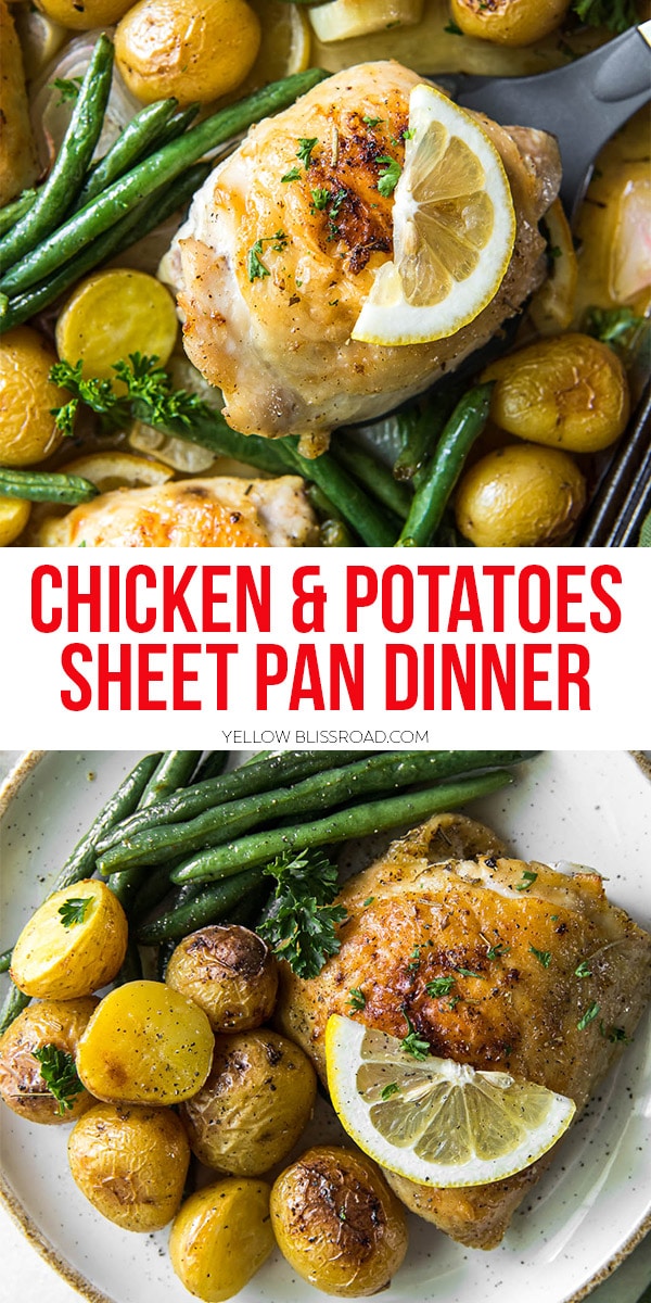 chicken and potatoes recipe pinnable image with text