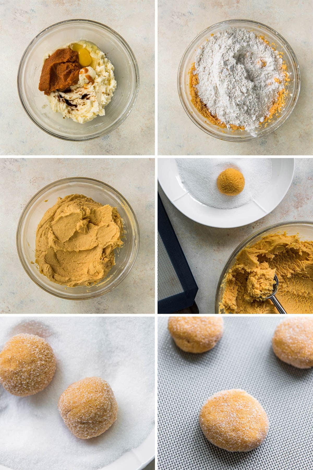 collage of 6 images showing steps for making pumpkin sugar cookie dough