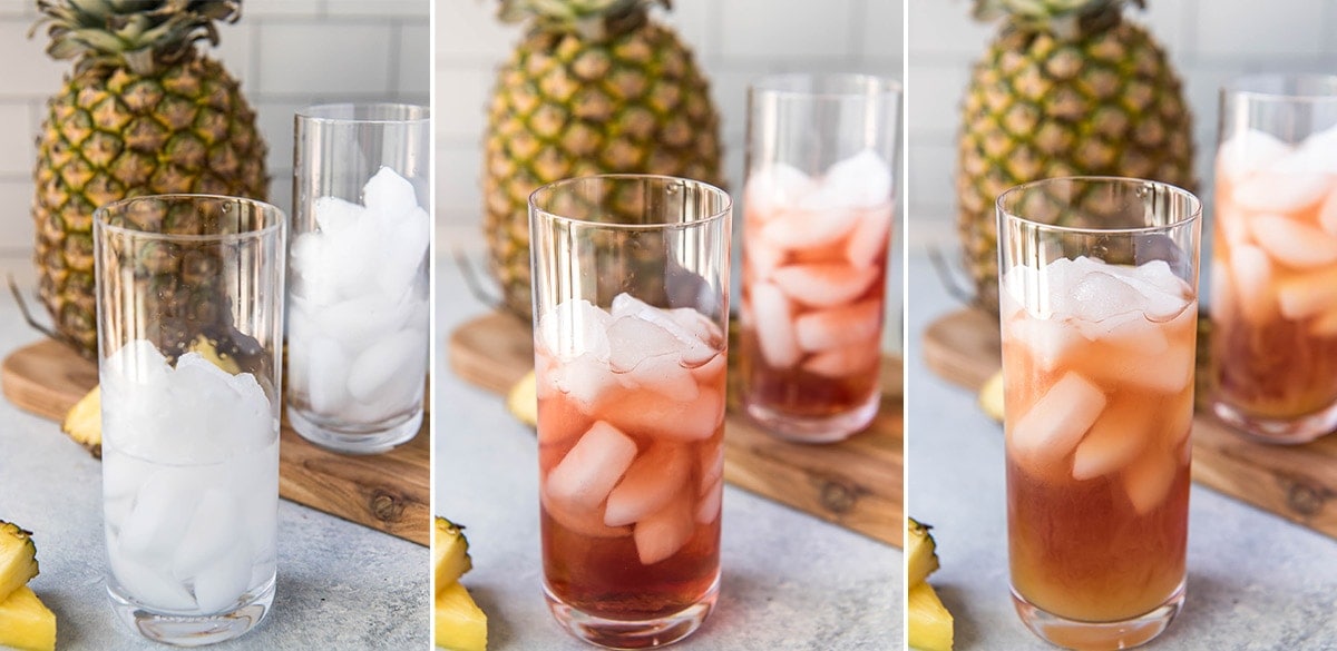 3 image collage showing clear glasses with ice, malibur run, cranberry juice, pineapple juice