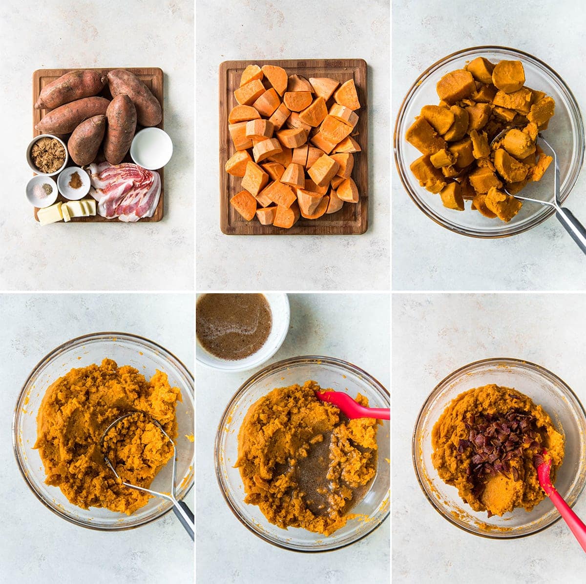 collage of images with sweet potatoes cooked and mashed with bacon and brown sugar