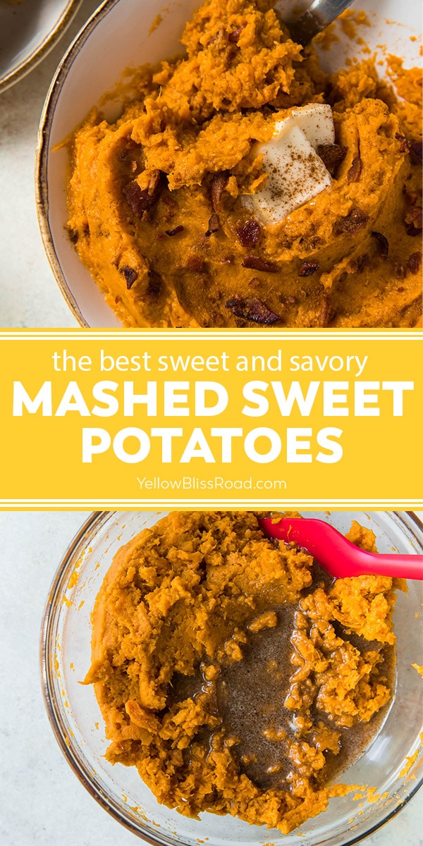 mashed sweet potatoes pinnable image with text