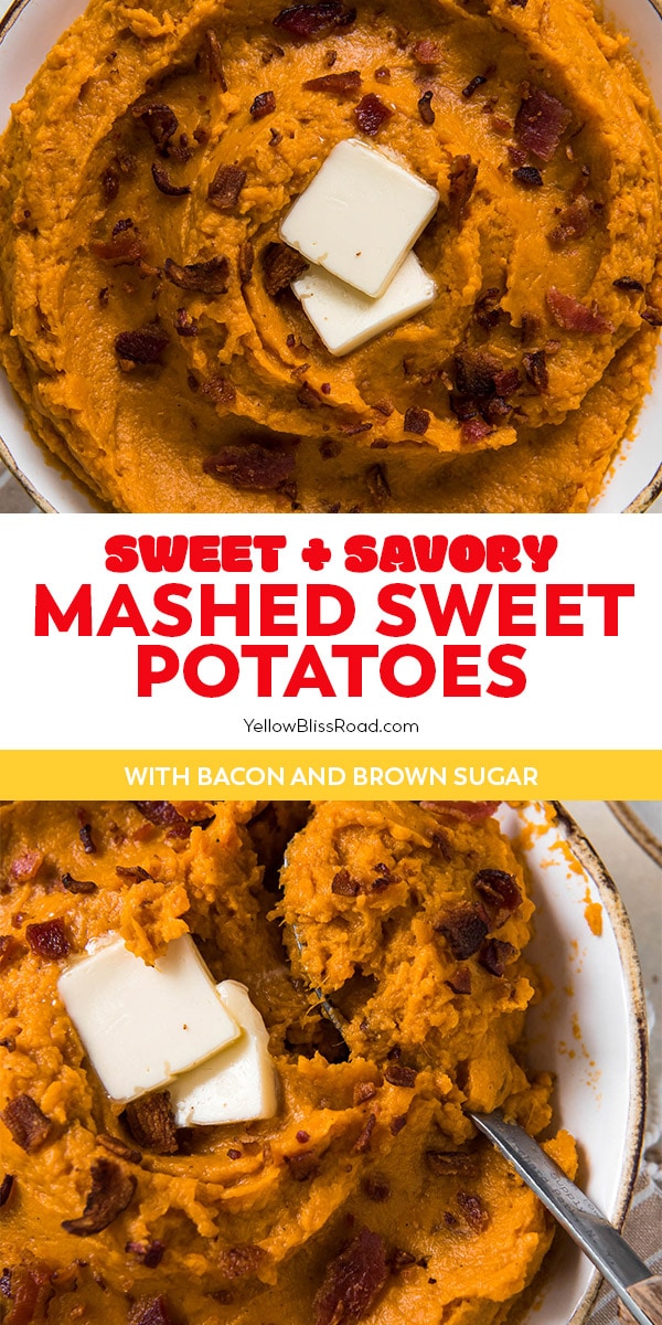 mashed sweet potatoes pinnable image with text