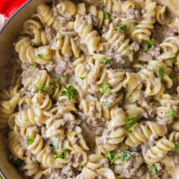 noodles, ground beef sauce and mushrooms in a red soup pot