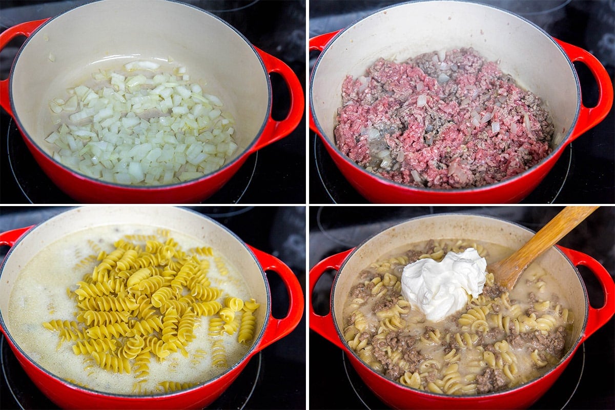 collage of 4 images showing steps for making beef stroganoff