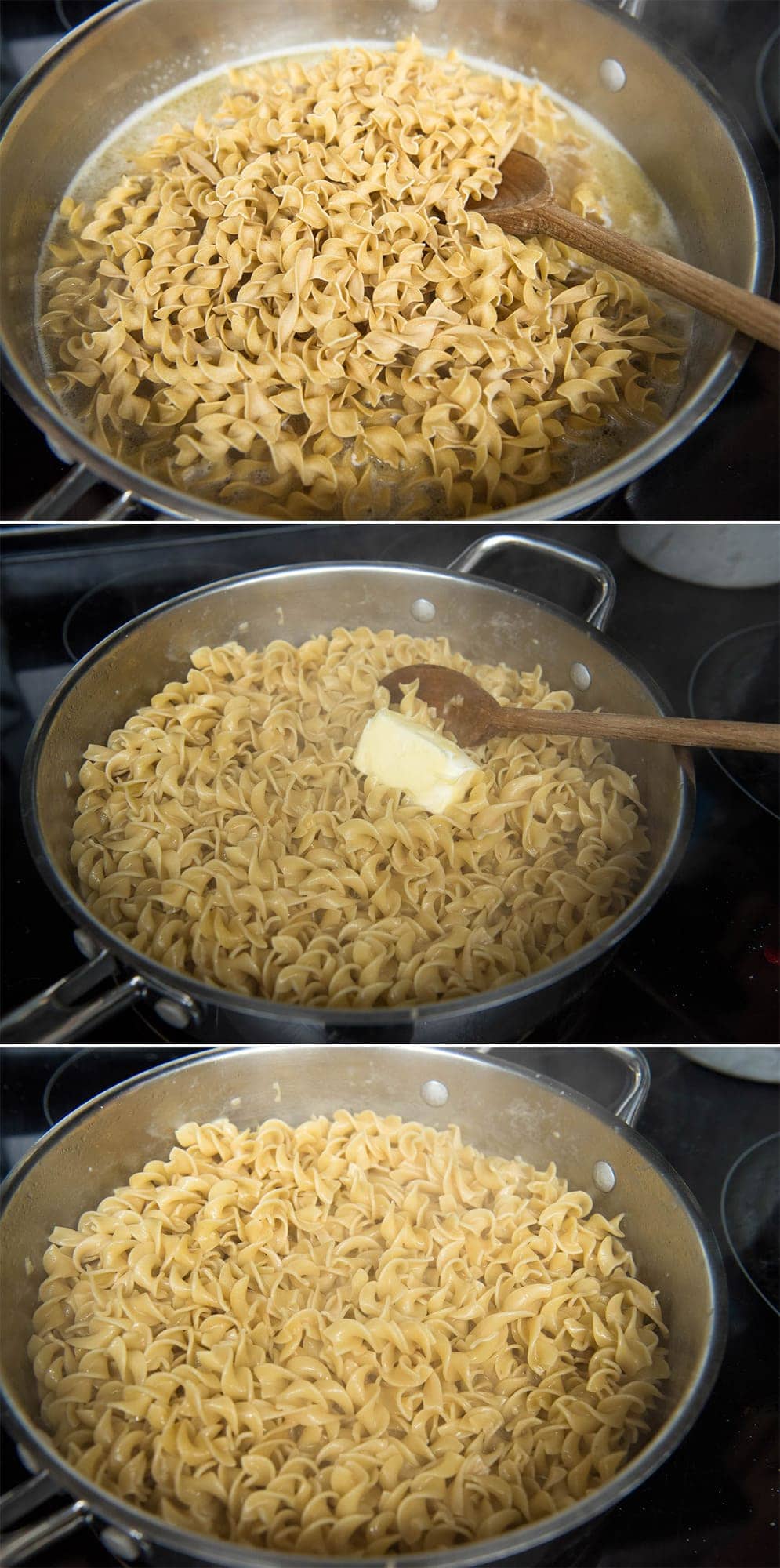 collage of 3 images showing the steps for making one pan buttered noodles