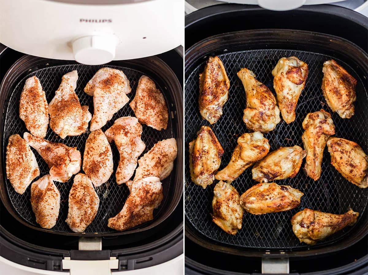 collage image of chicken wings in air fryer basket