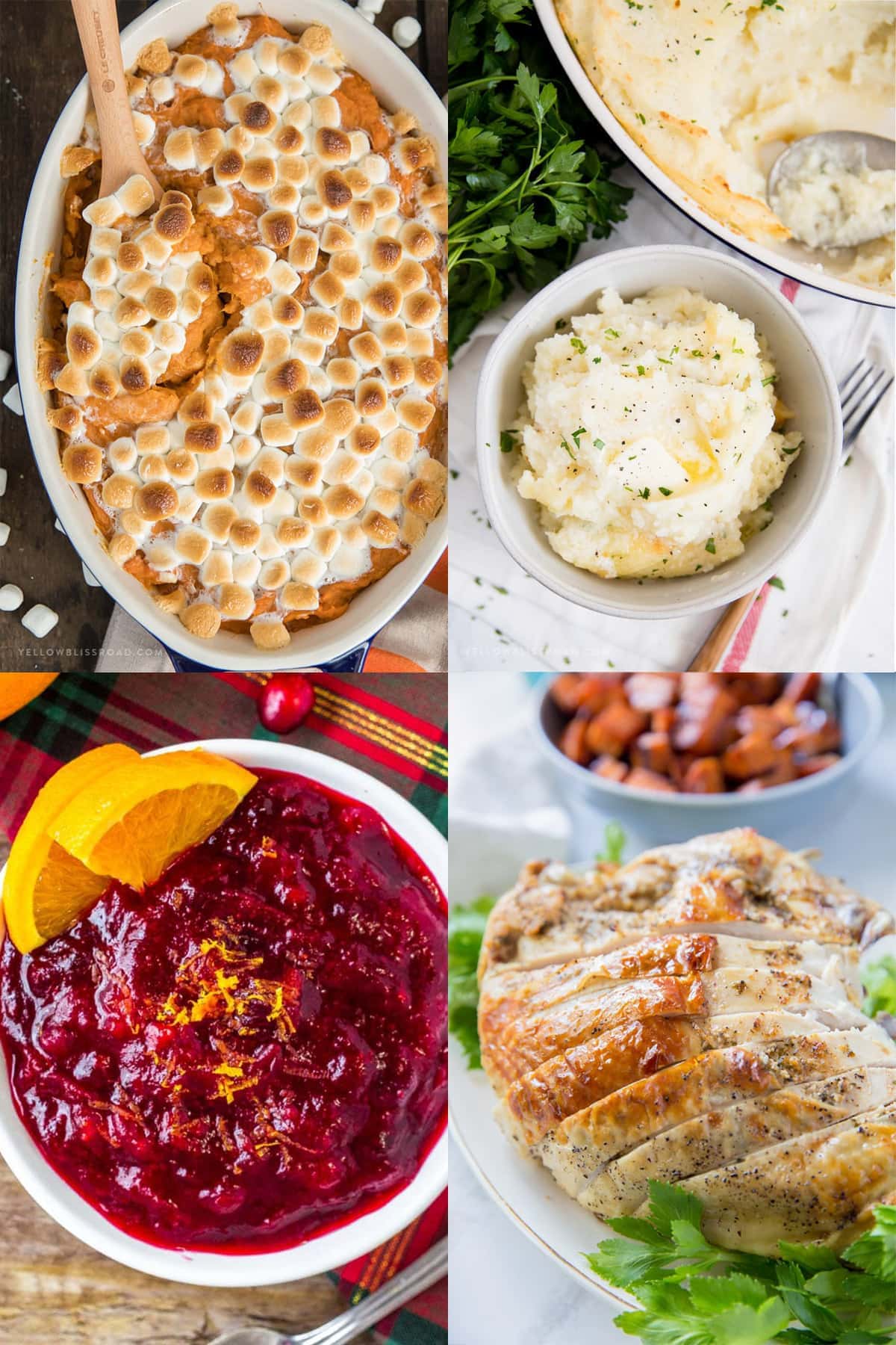 4 image collage of sweet potato casserole, mashed potatoes, cranberry sauce, roasted turkey breast