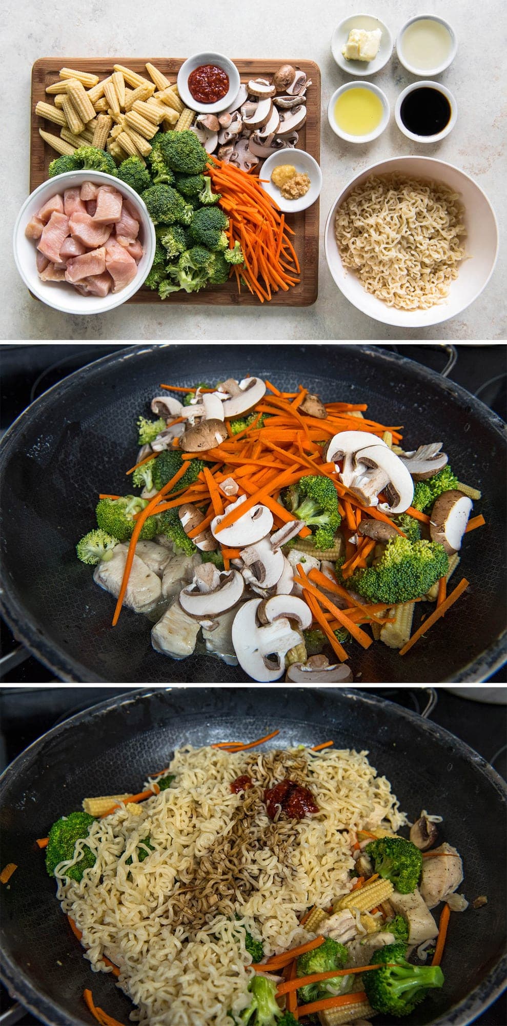 collage of 3 images featuring steps for making ramen stir fry, including ingredients