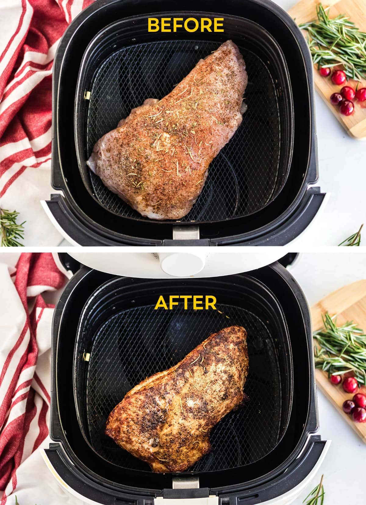 collage of two images - turkey breast in an air fryer basket
