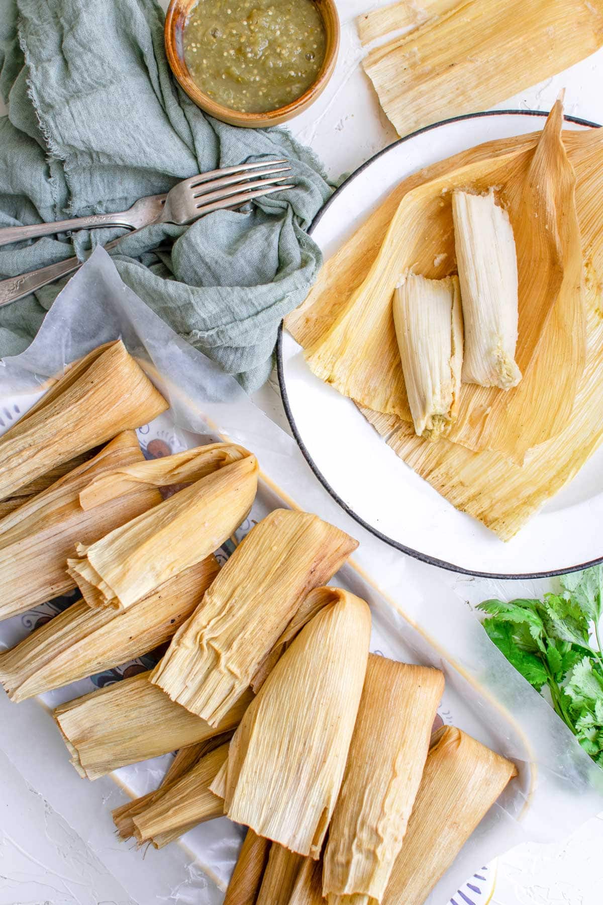 tamales on a white dish, a blue napkin, a fork, green salsa, cilantro