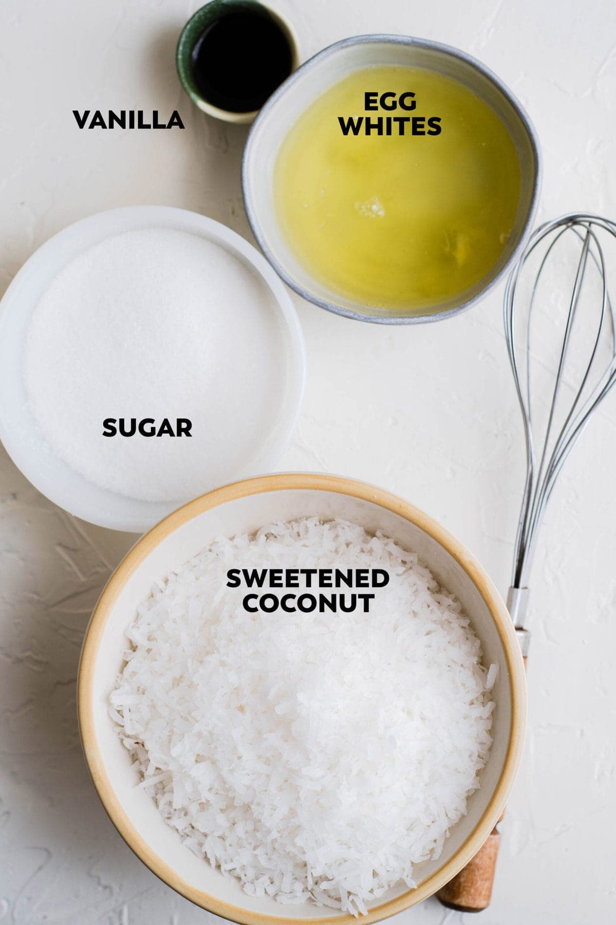 ingredients to make coconut macaroons, labeled