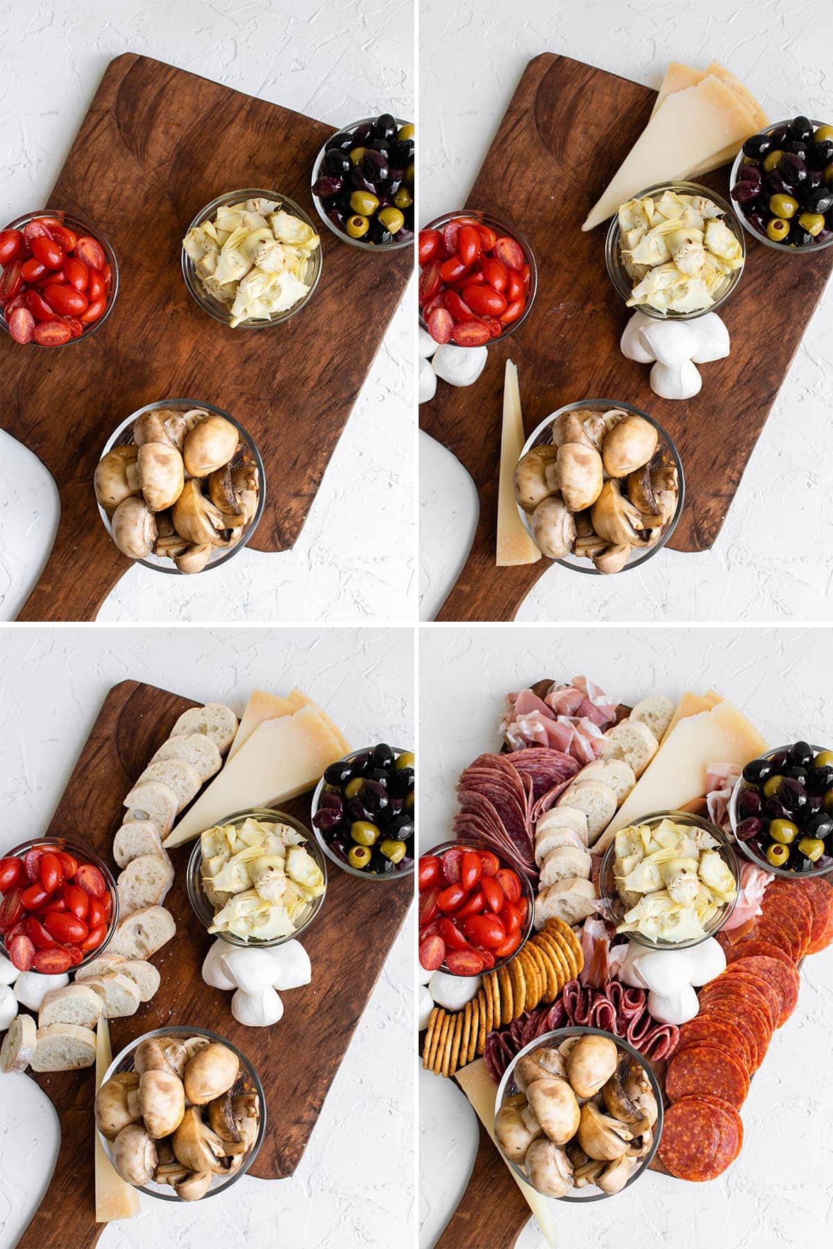4 image collage of assembling an antipasto platter