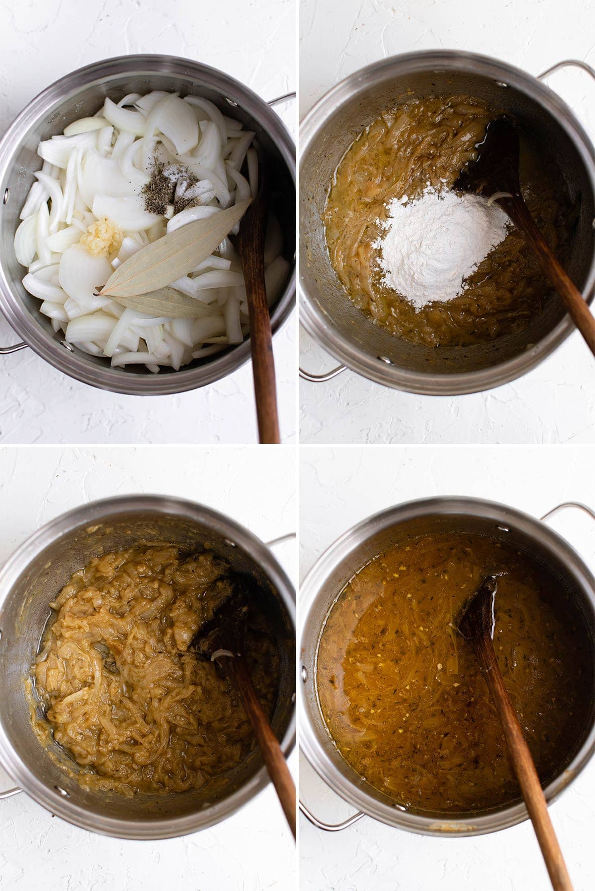 4 images in a collage with onions being made into soup