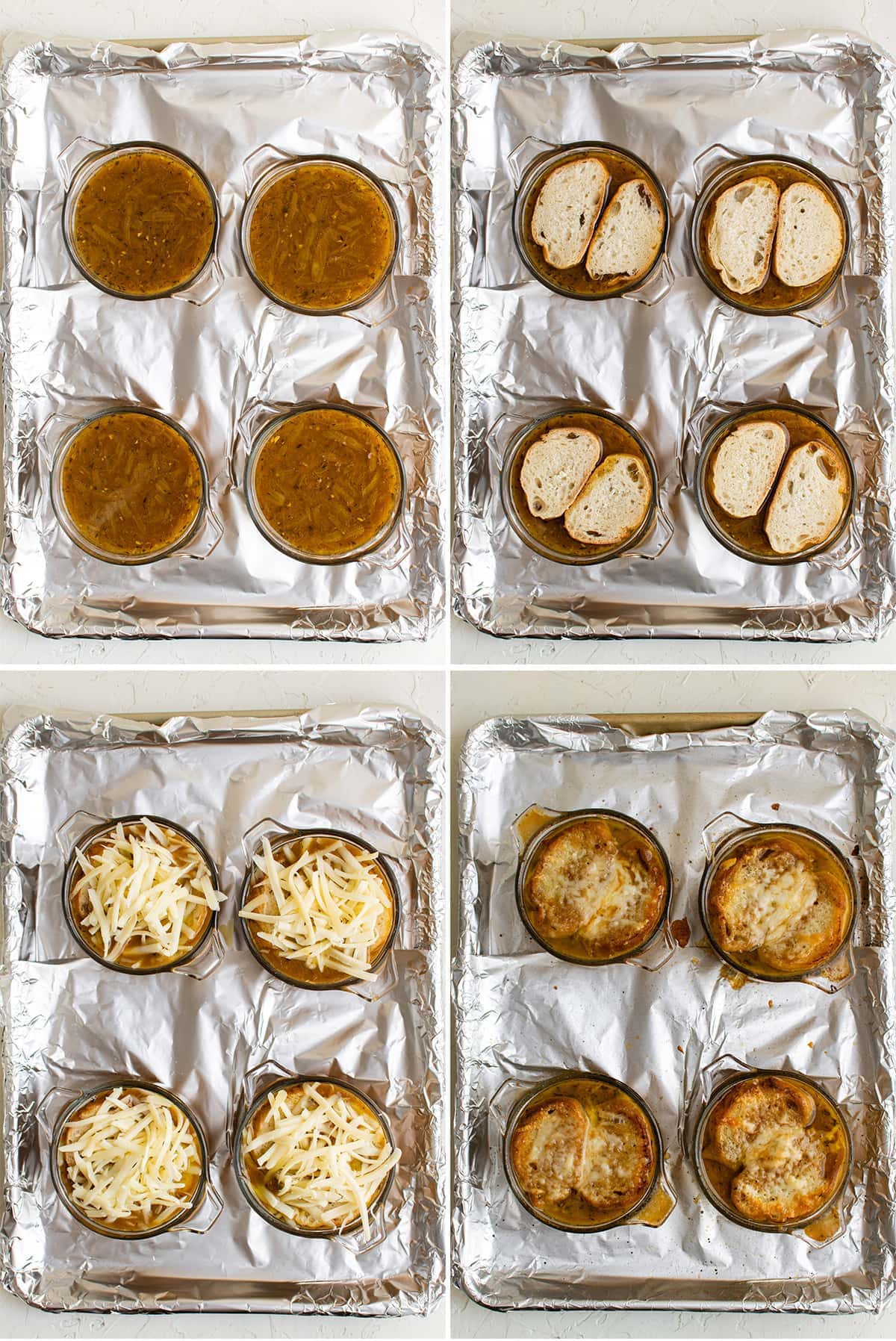 4 image collage showing baking sheet covered with foil and bowls with the stages of making french onion soup
