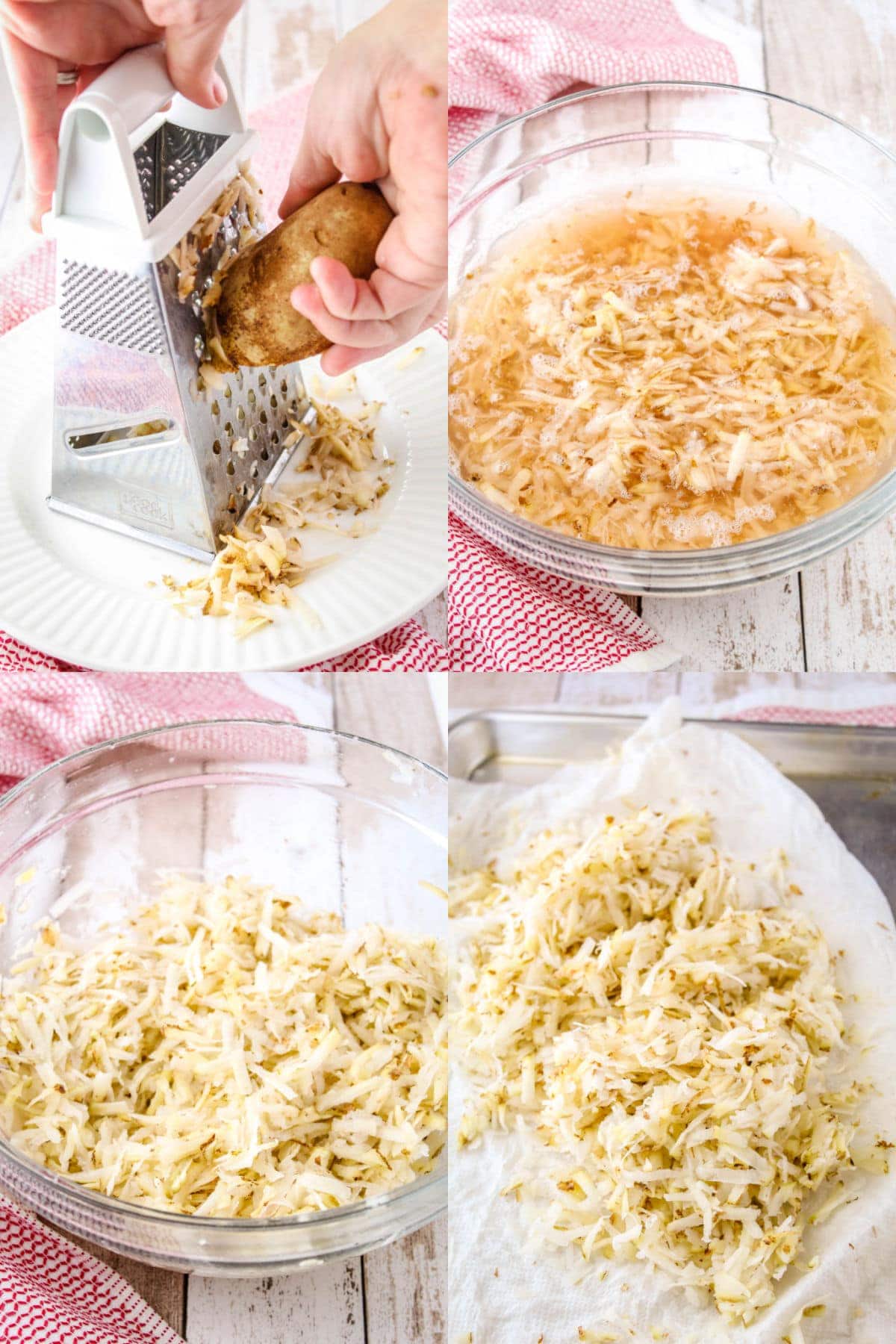 potatoes being shredded on a box grater, shredded potatoes in a bowl of cloudy water, shredded potatoes after being rinsed, shredded potatoes on paper towels after being rung out to remove excess water