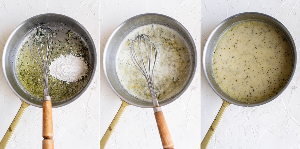 3 image collage of a saucepan with ingredients to make turkey gravy