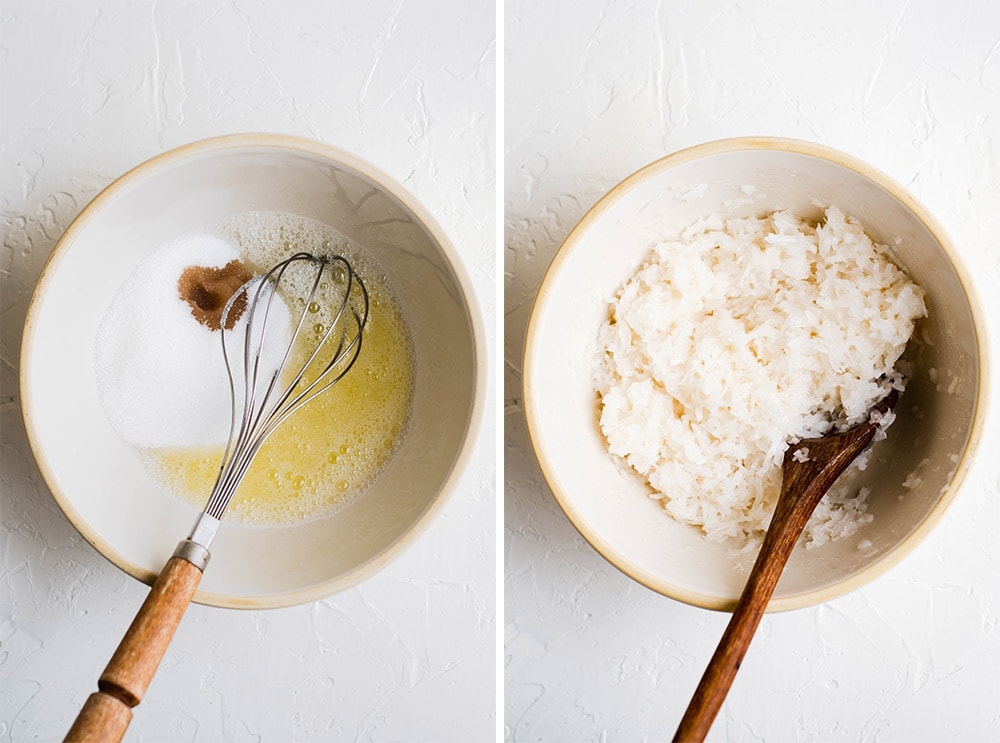 two images showing ingredients for coconut macaroons